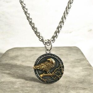 Large Stainless Steel Viking Style Men’s Raven Pendant Necklace